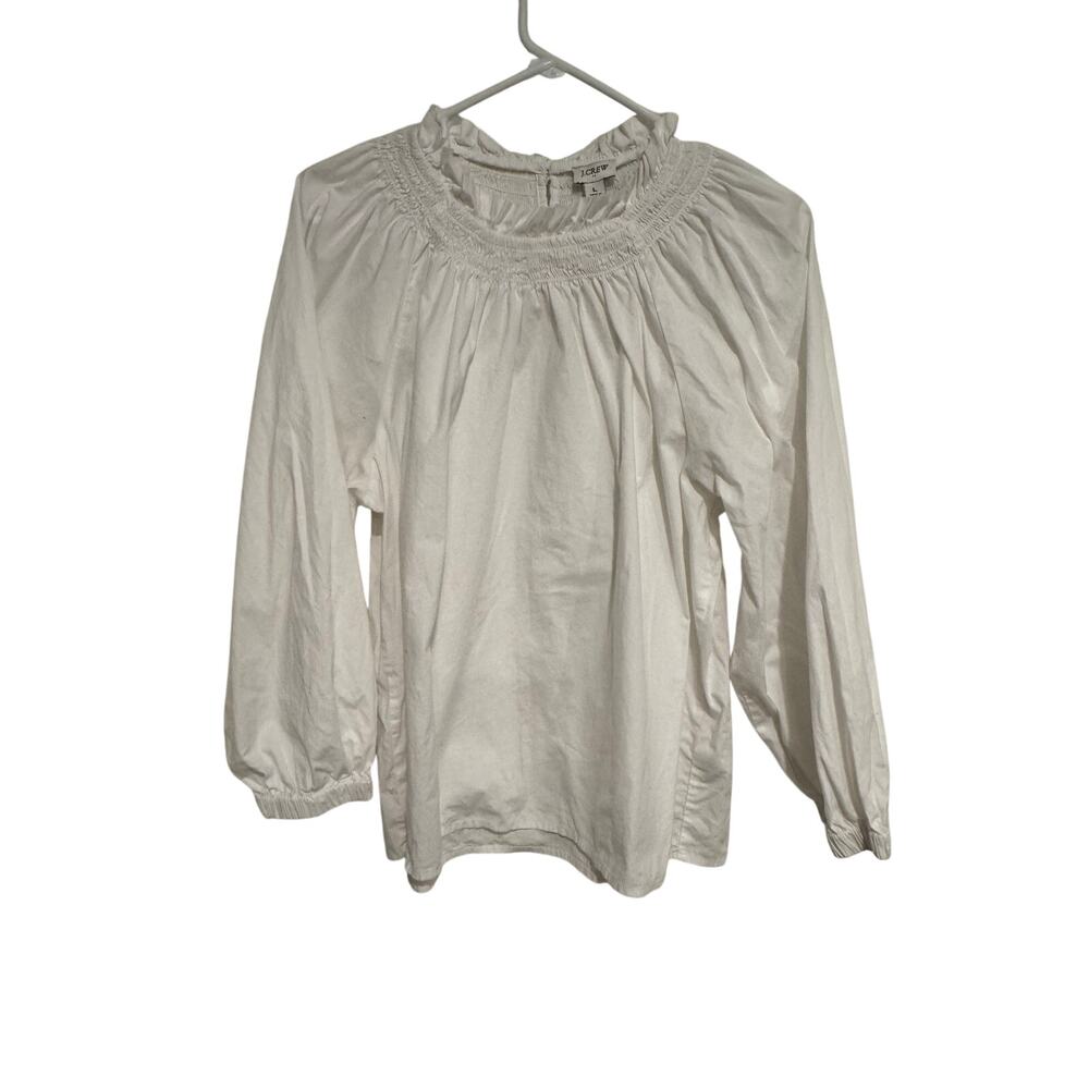J.Crew White Smocked Peasant Blouse Women’s Large Cotton Boho Cottagecore Top